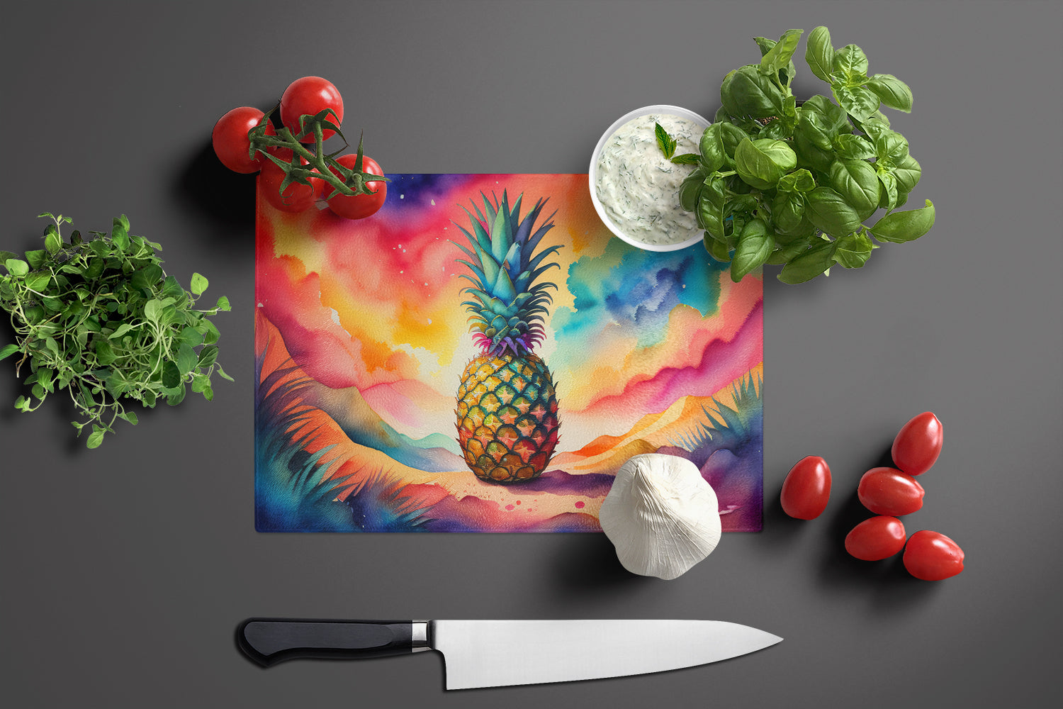 Colorful Pineapple Glass Cutting Board Large