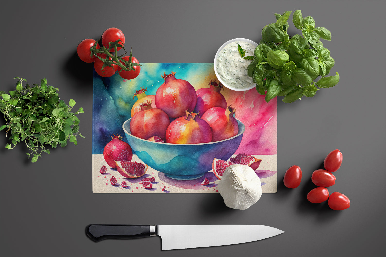 Colorful Pomegranates Glass Cutting Board Large