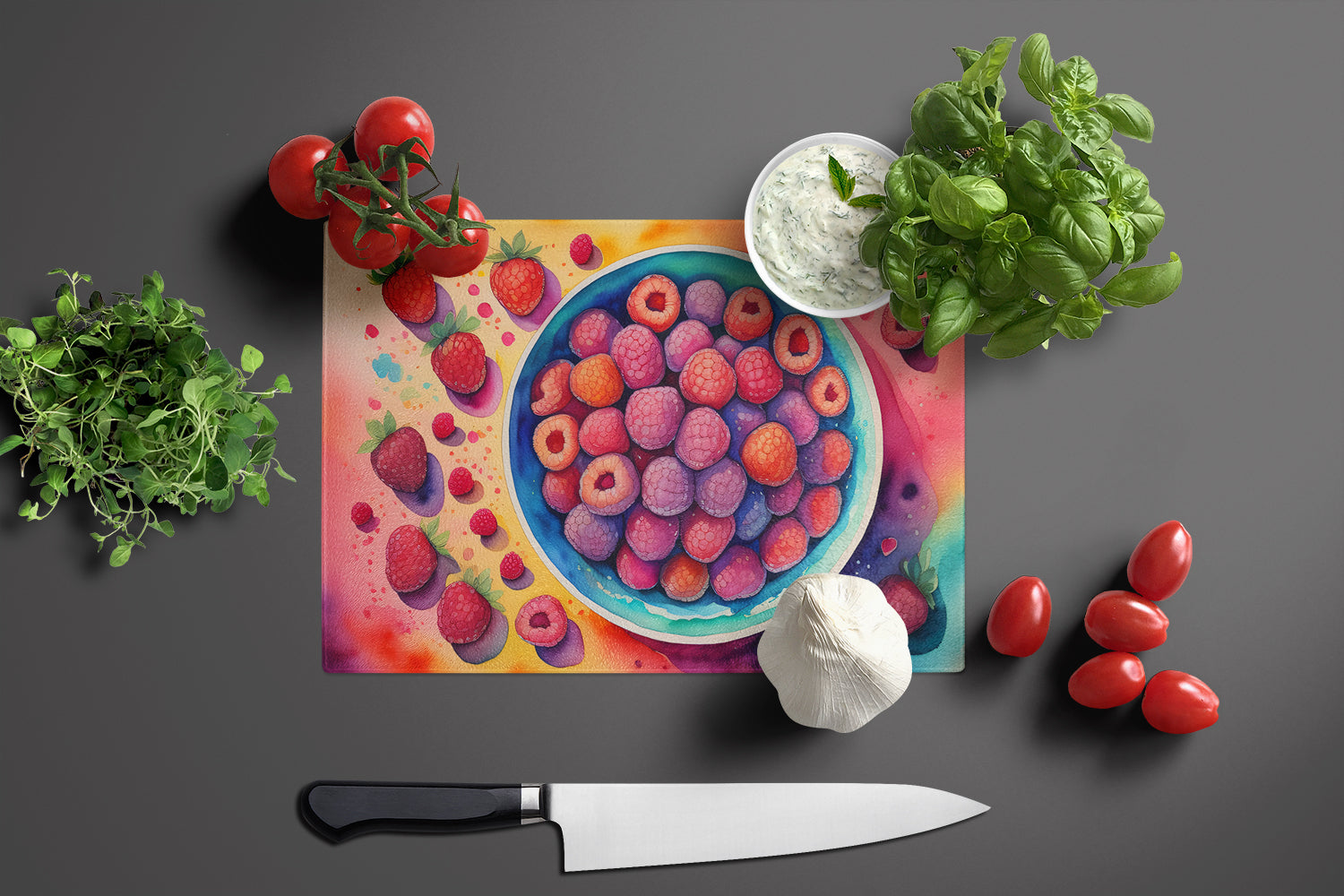 Colorful Raspberries Glass Cutting Board Large
