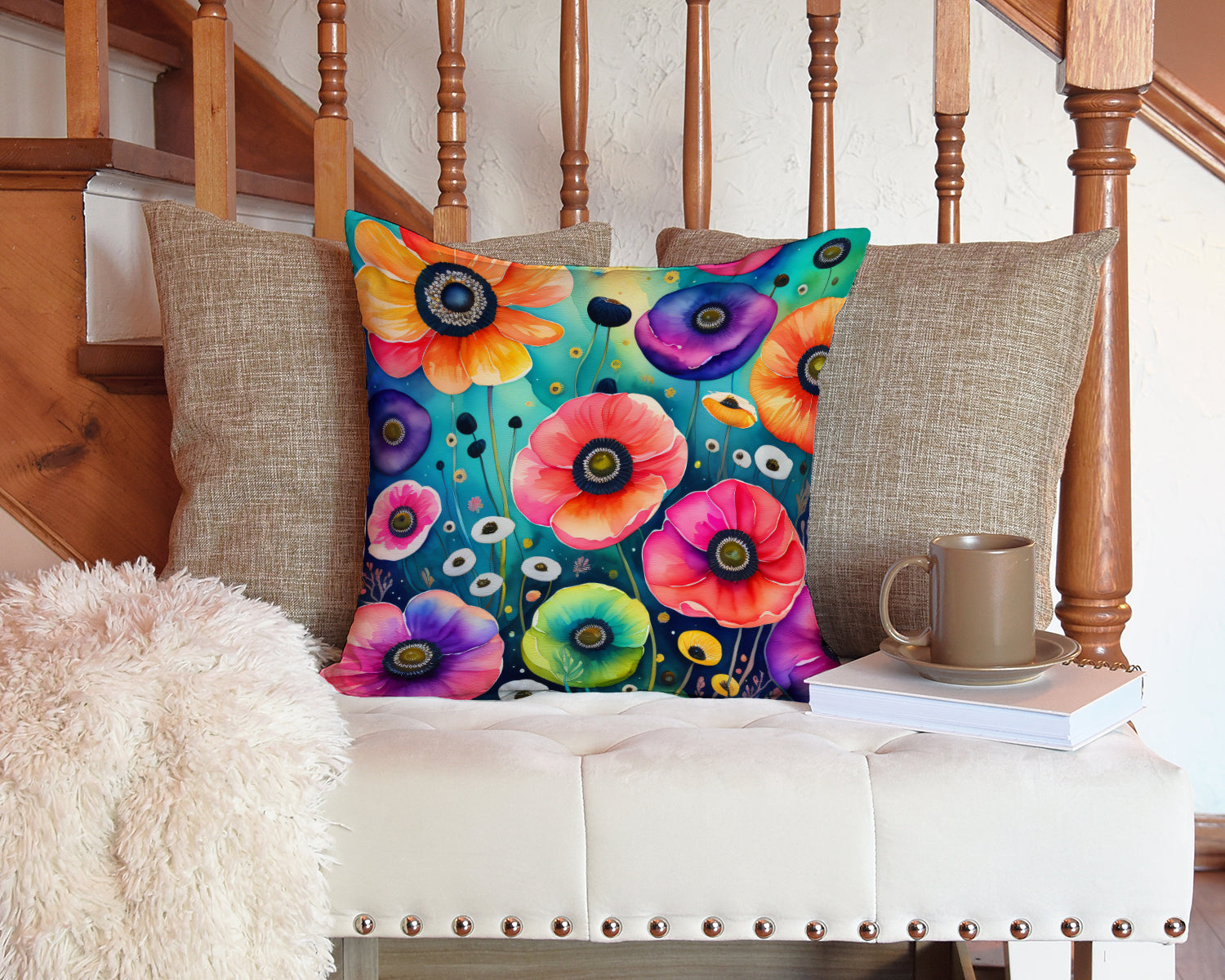 Colorful Anemones Fabric Decorative Pillow
