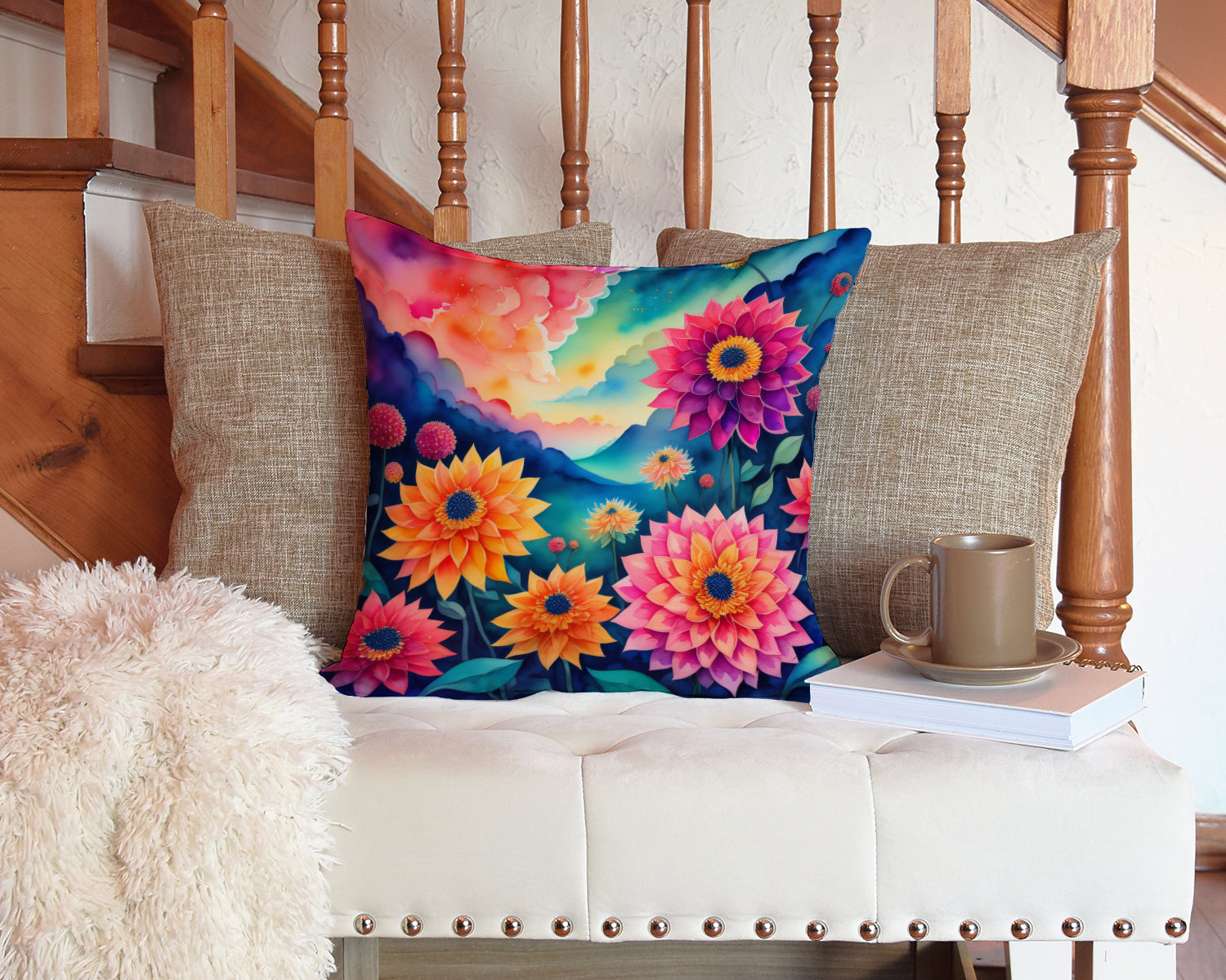Colorful Dahlias Fabric Decorative Pillow