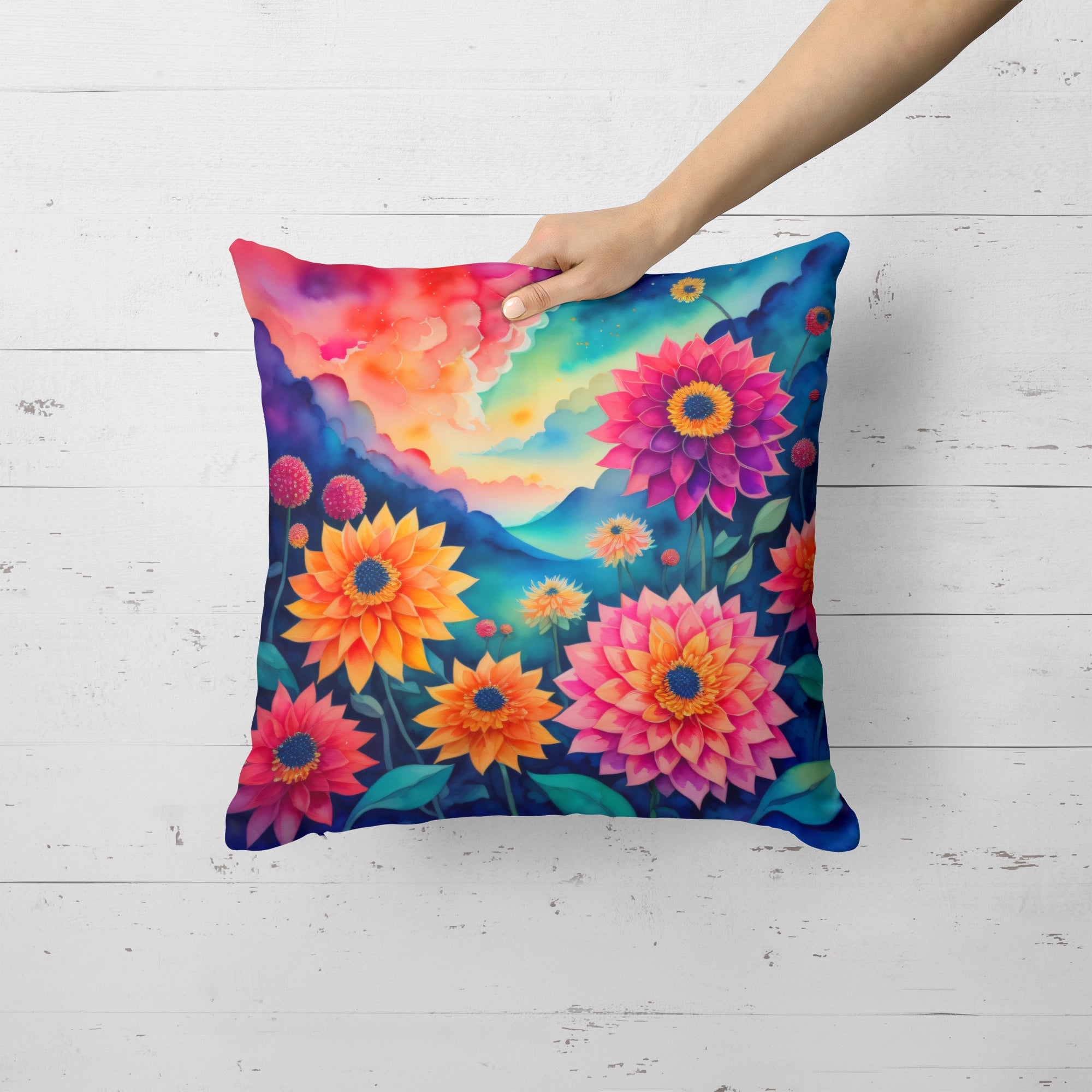 Buy this Colorful Dahlias Fabric Decorative Pillow