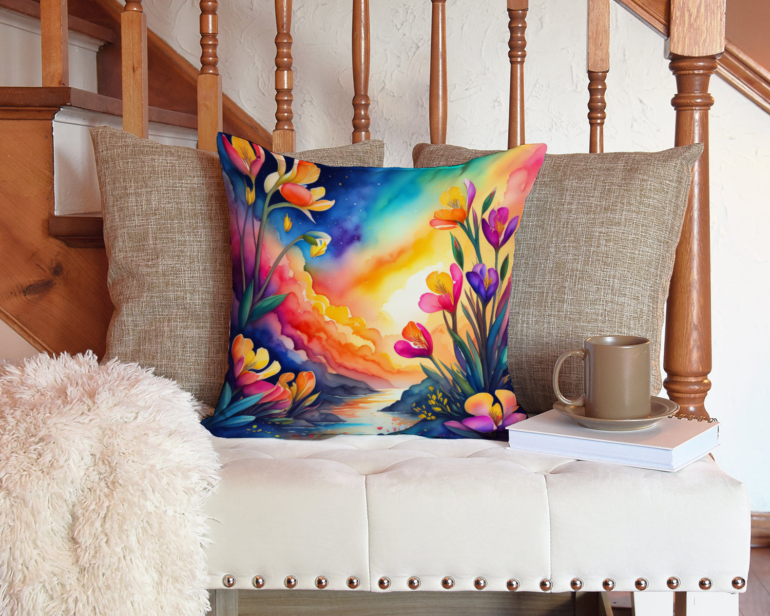 Colorful Freesia Fabric Decorative Pillow