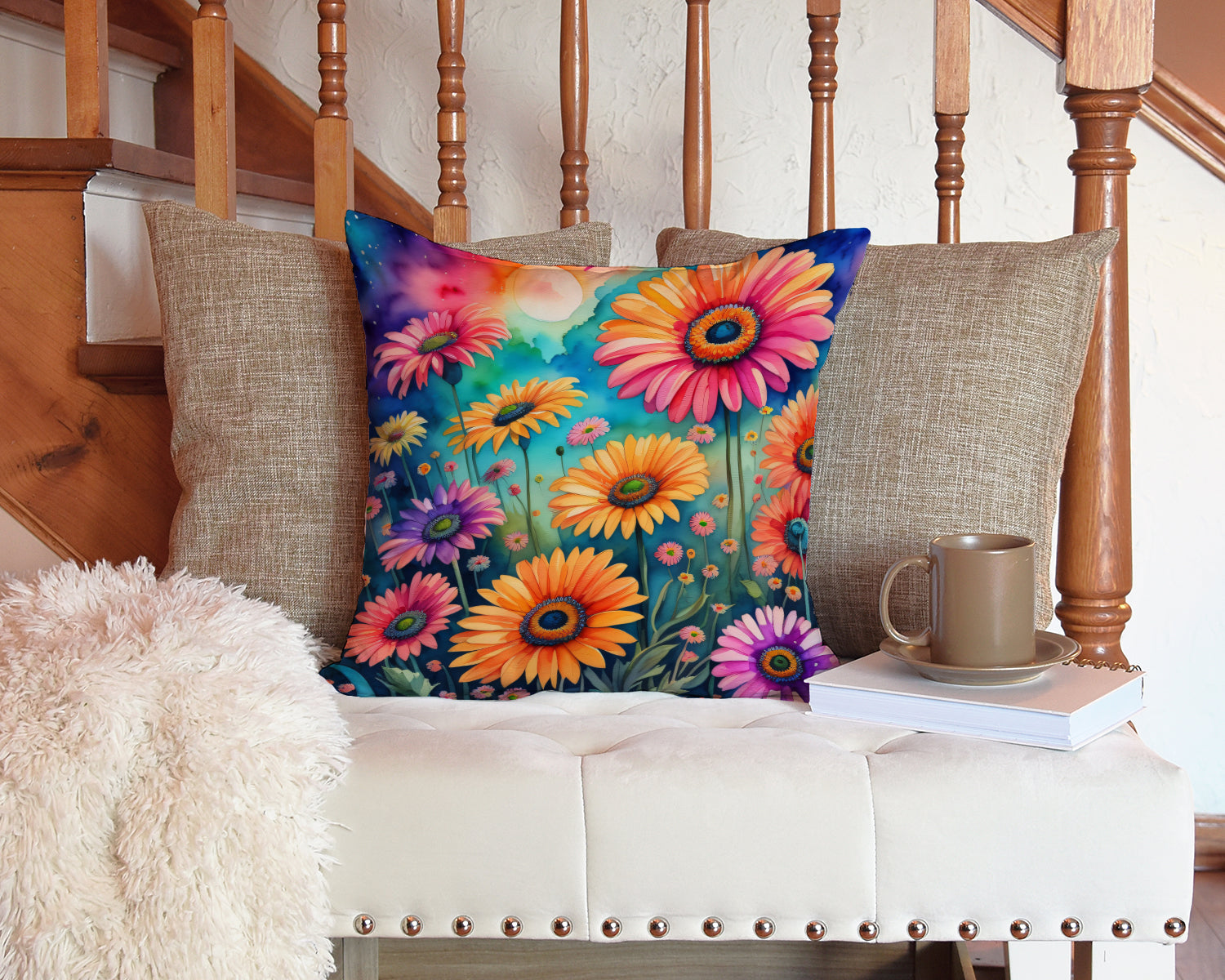 Colorful Gerbera Daisies Fabric Decorative Pillow