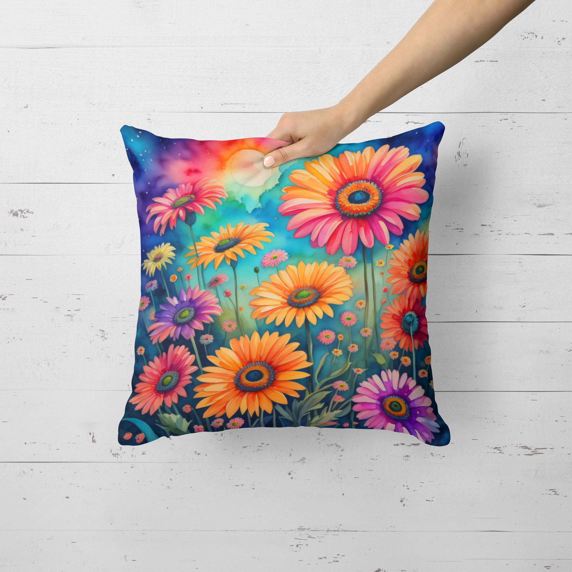 Colorful Gerbera Daisies Fabric Decorative Pillow