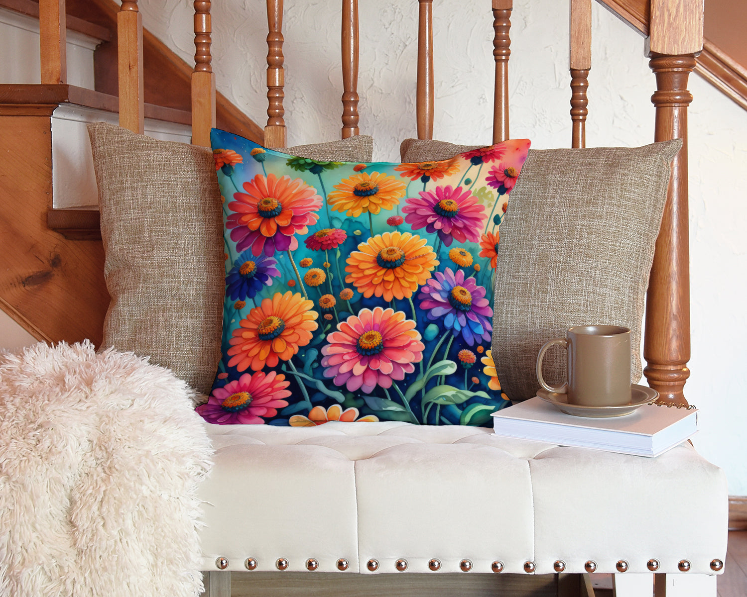 Colorful Zinnias Fabric Decorative Pillow