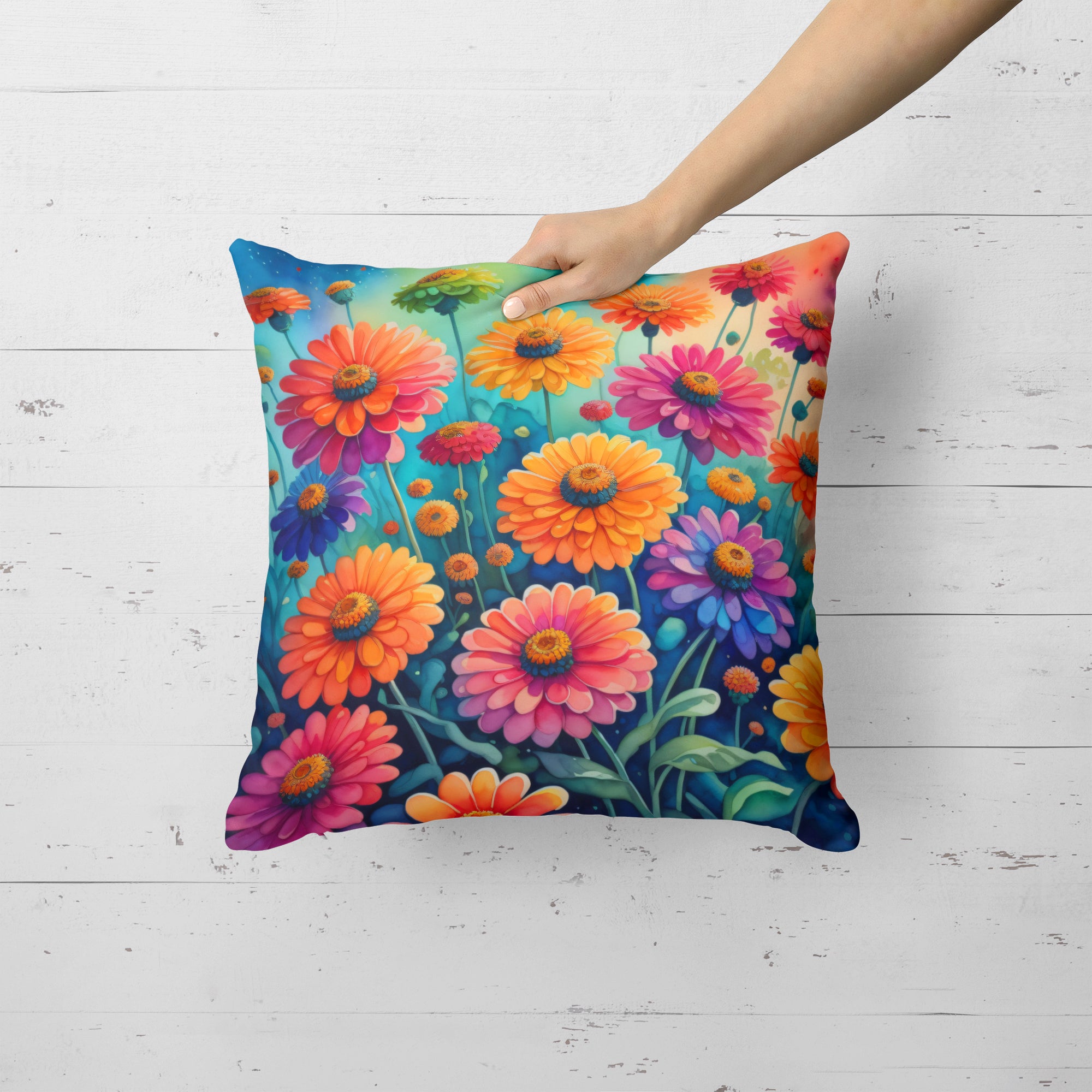 Buy this Colorful Zinnias Fabric Decorative Pillow