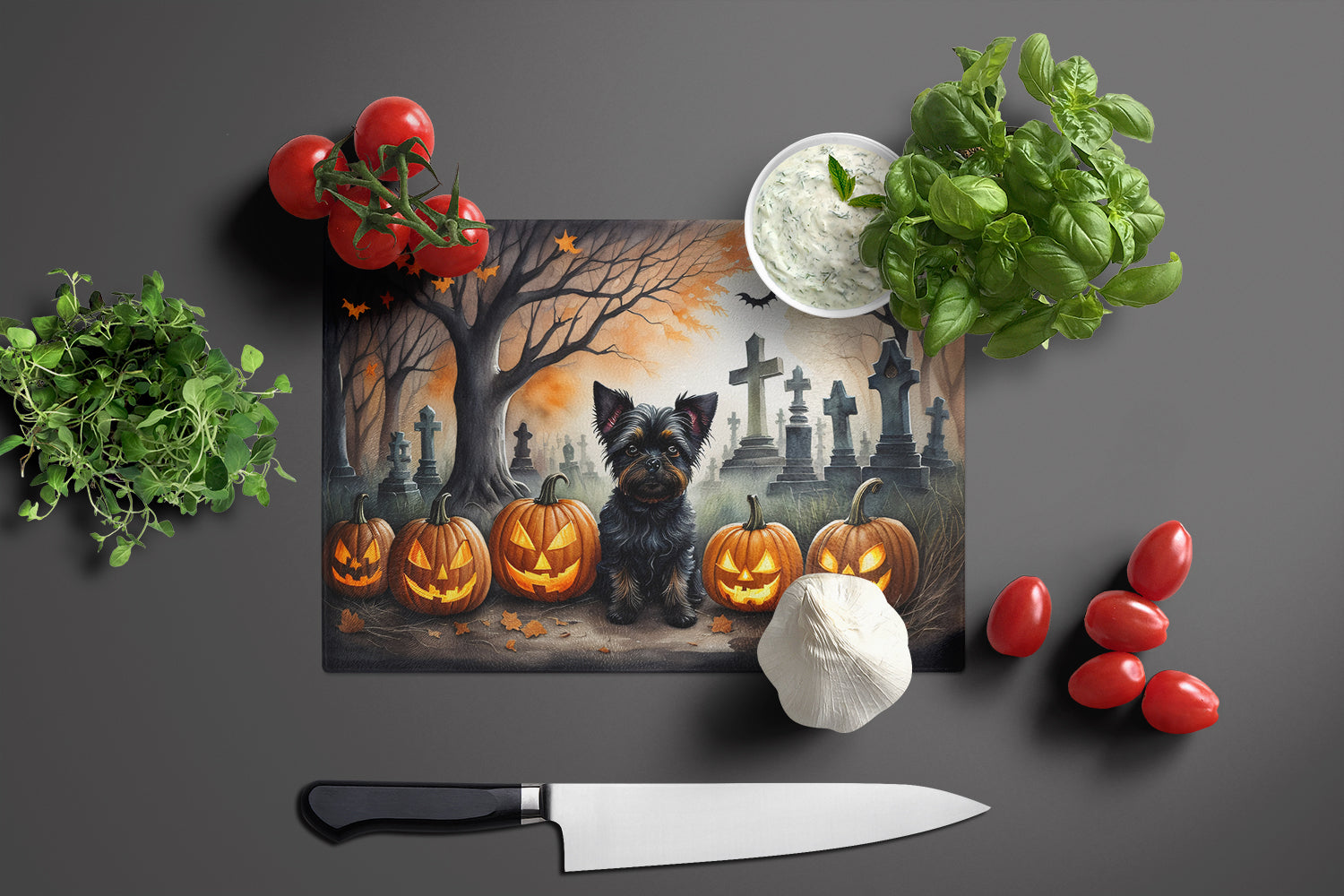 Affenpinscher Spooky Halloween Glass Cutting Board Large