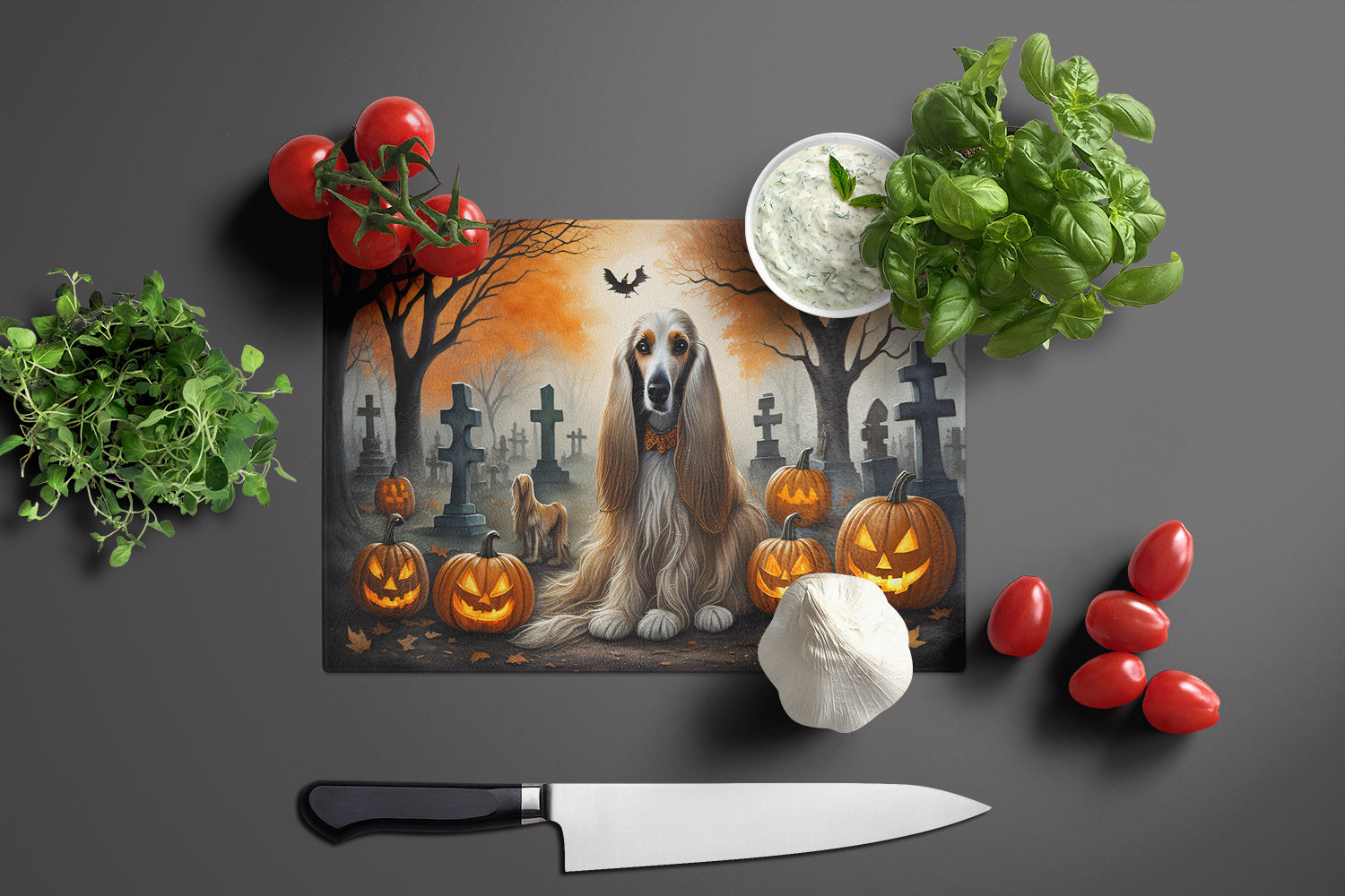 Afghan Hound Spooky Halloween Glass Cutting Board Large