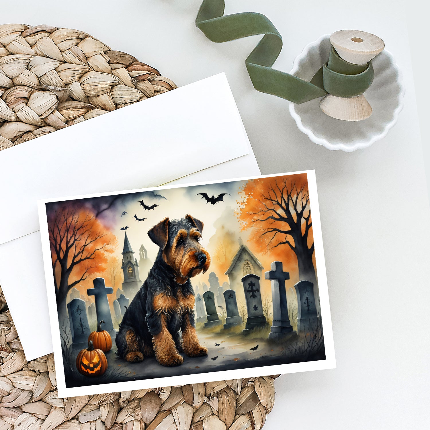 Airedale Terrier Spooky Halloween Greeting Cards and Envelopes Pack of 8