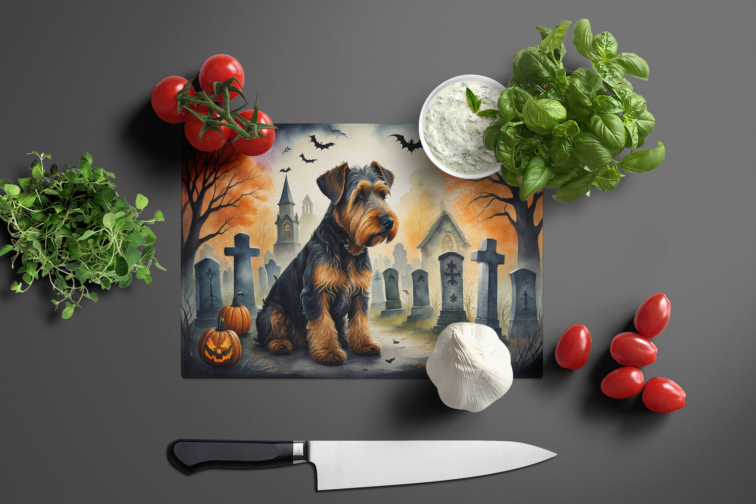 Airedale Terrier Spooky Halloween Glass Cutting Board Large