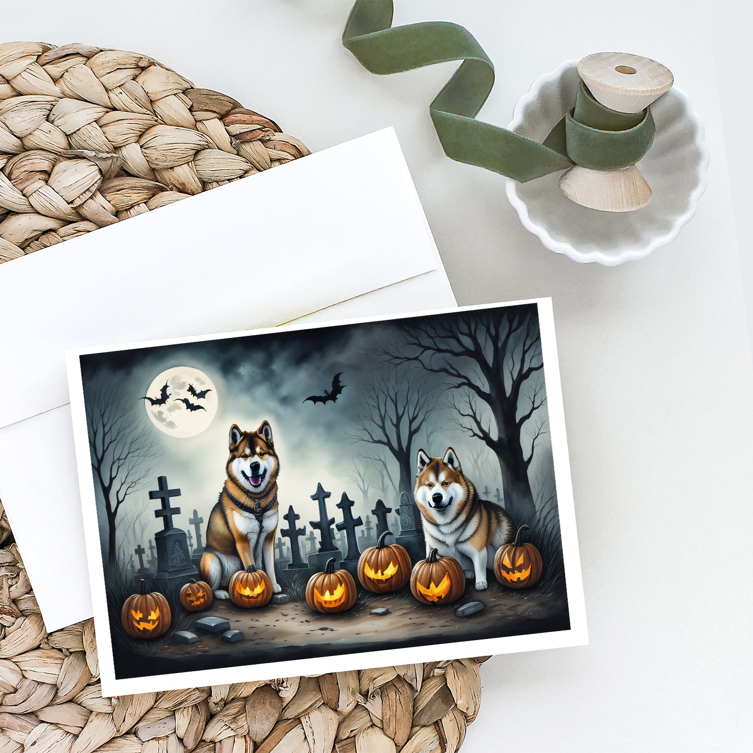 Akita Spooky Halloween Greeting Cards and Envelopes Pack of 8