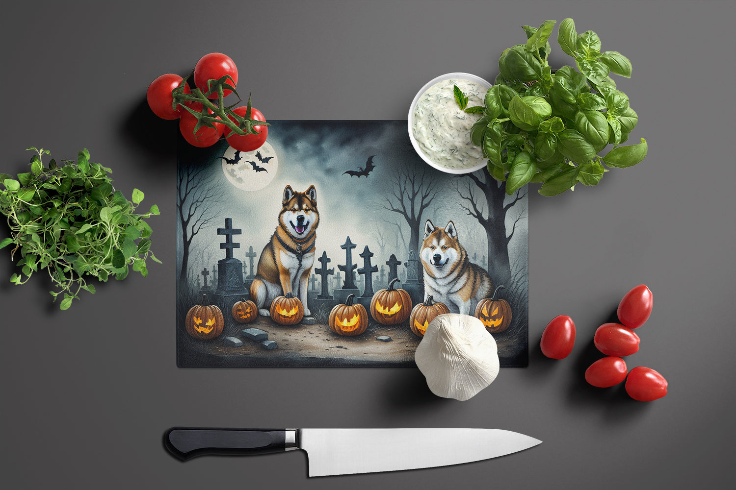 Akita Spooky Halloween Glass Cutting Board Large