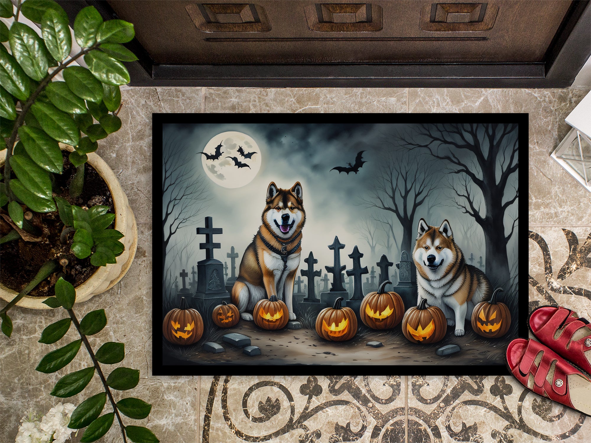 Akita Spooky Halloween Doormat 18x27