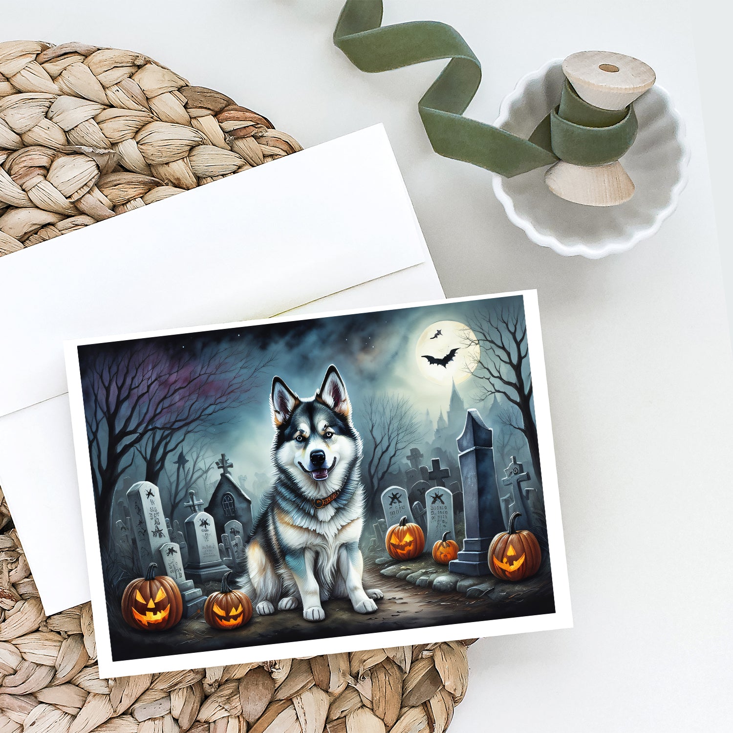 Alaskan Malamute Spooky Halloween Greeting Cards and Envelopes Pack of 8