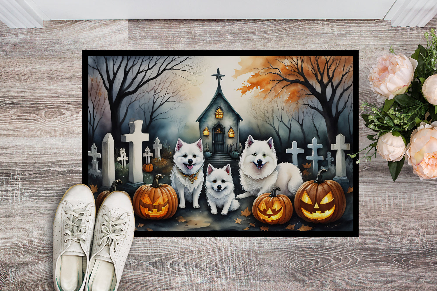 American Eskimo Spooky Halloween Doormat 18x27