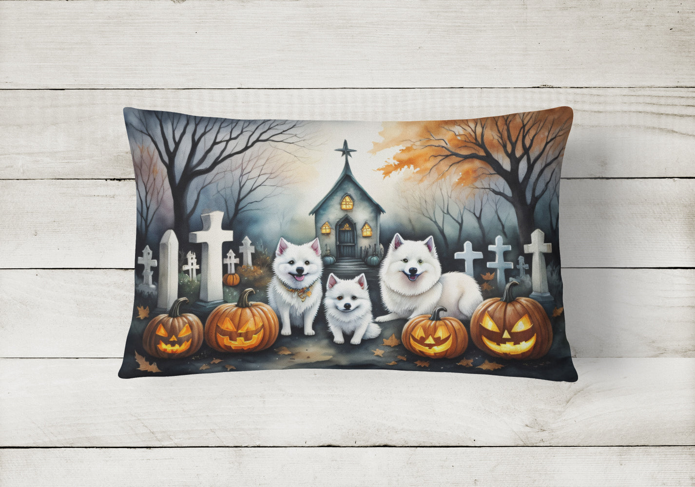 American Eskimo Spooky Halloween Fabric Decorative Pillow