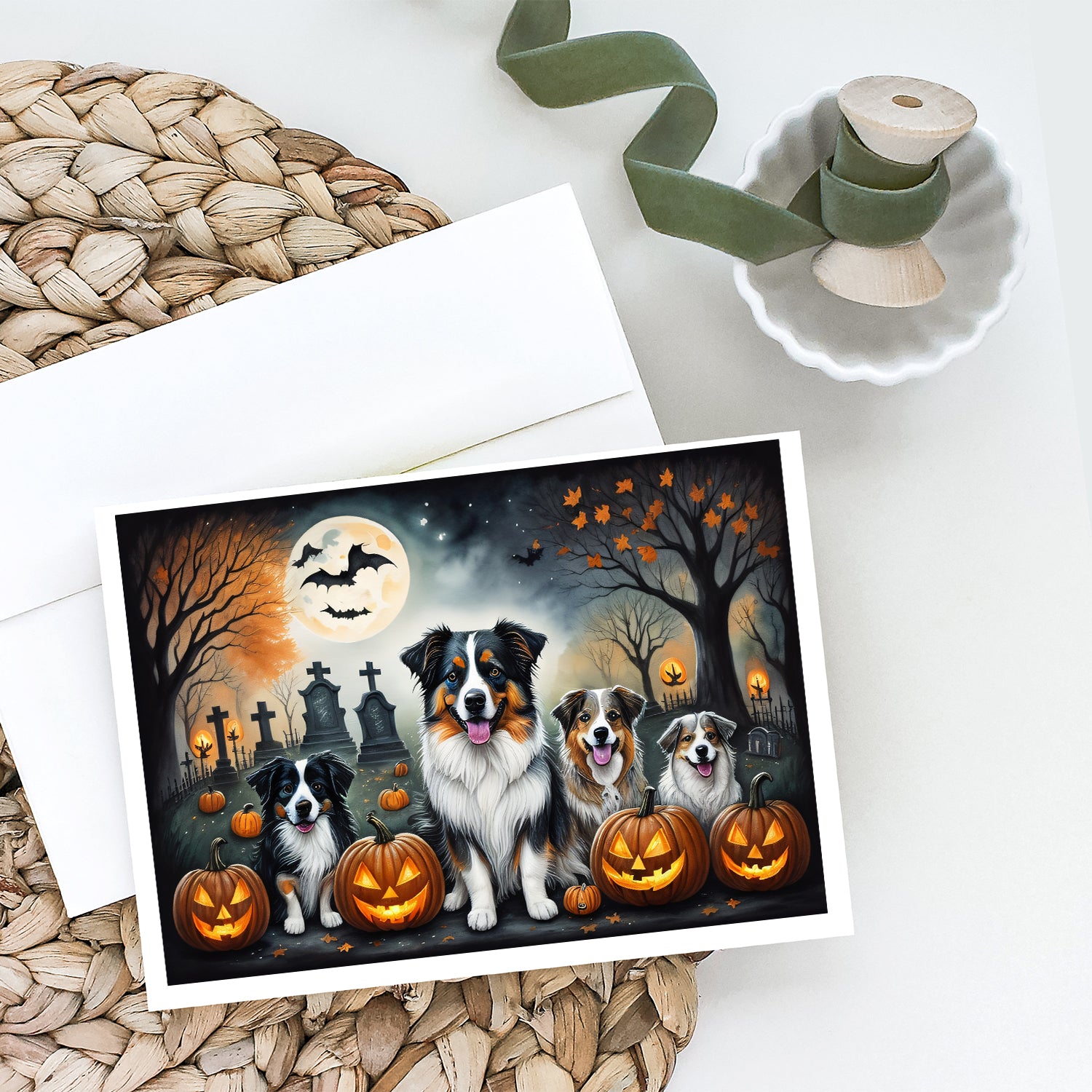 Buy this Australian Shepherd Spooky Halloween Greeting Cards and Envelopes Pack of 8