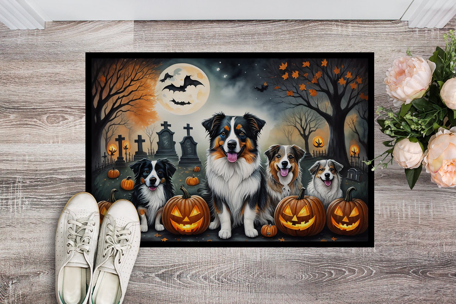 Australian Shepherd Spooky Halloween Doormat 18x27
