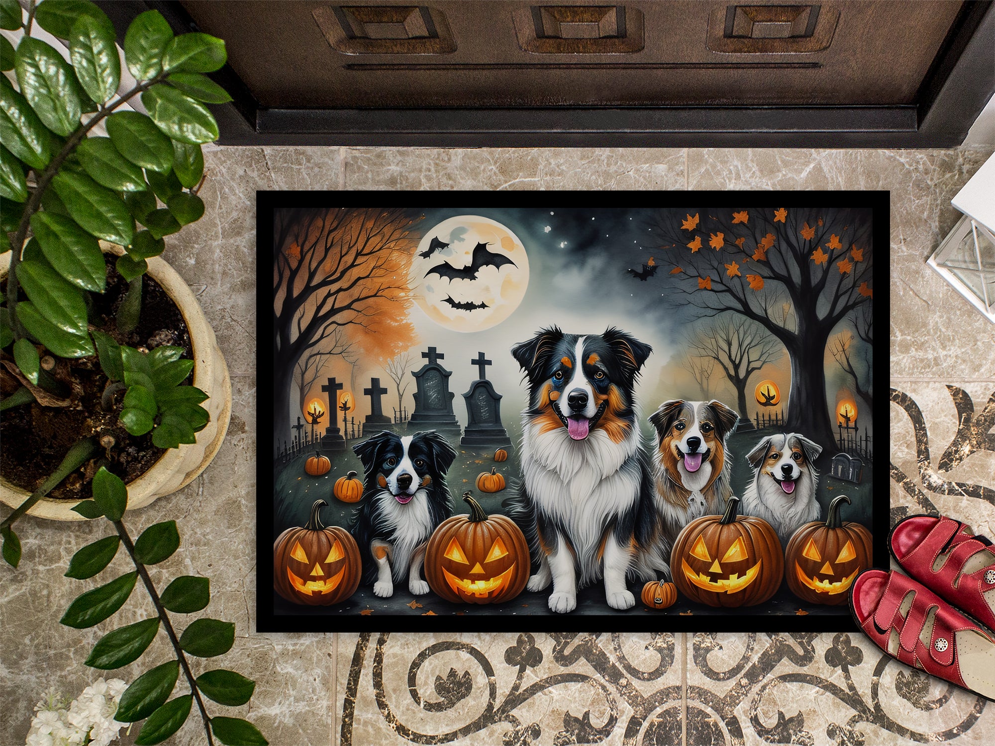 Australian Shepherd Spooky Halloween Doormat 18x27