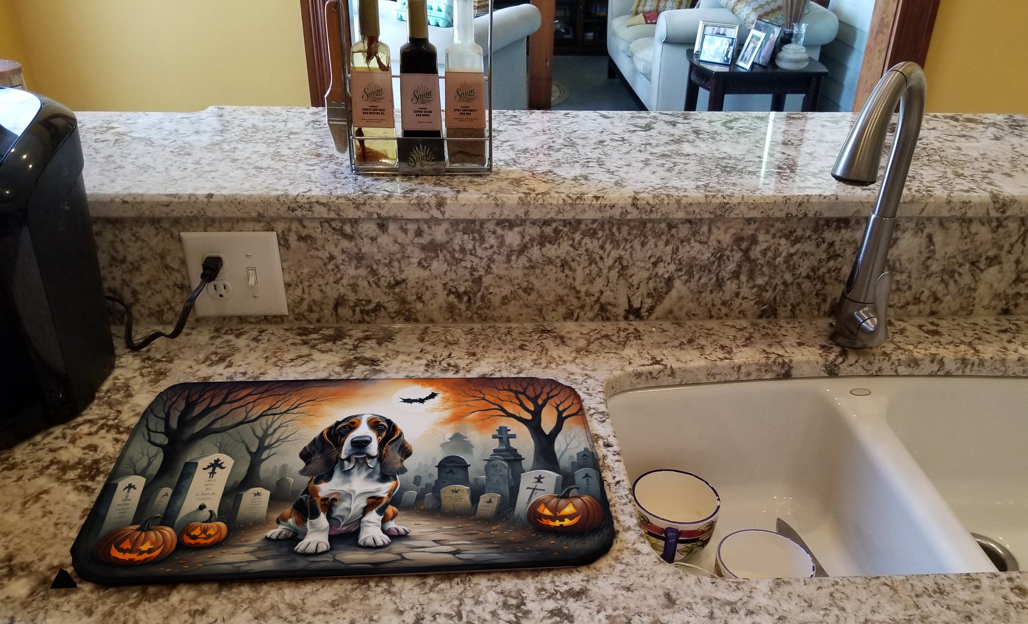 Basset Hound Spooky Halloween Dish Drying Mat