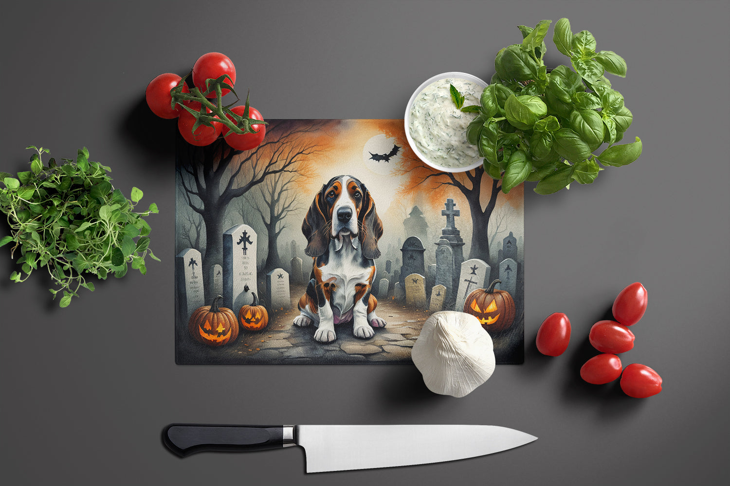 Basset Hound Spooky Halloween Glass Cutting Board Large