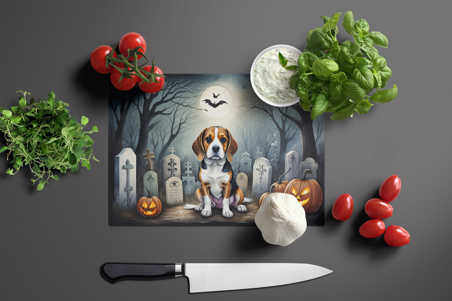 Beagle Spooky Halloween Glass Cutting Board Large