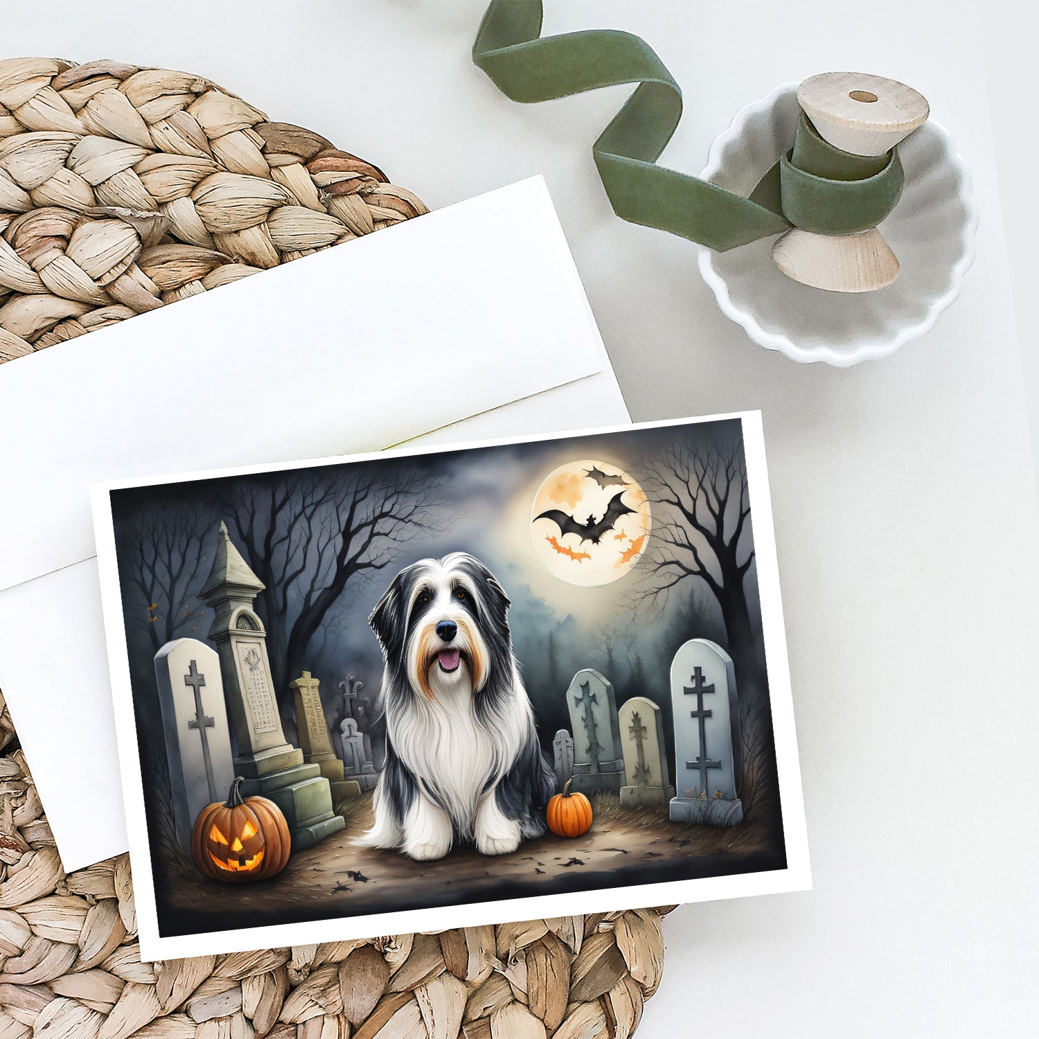 Bearded Collie Spooky Halloween Greeting Cards and Envelopes Pack of 8