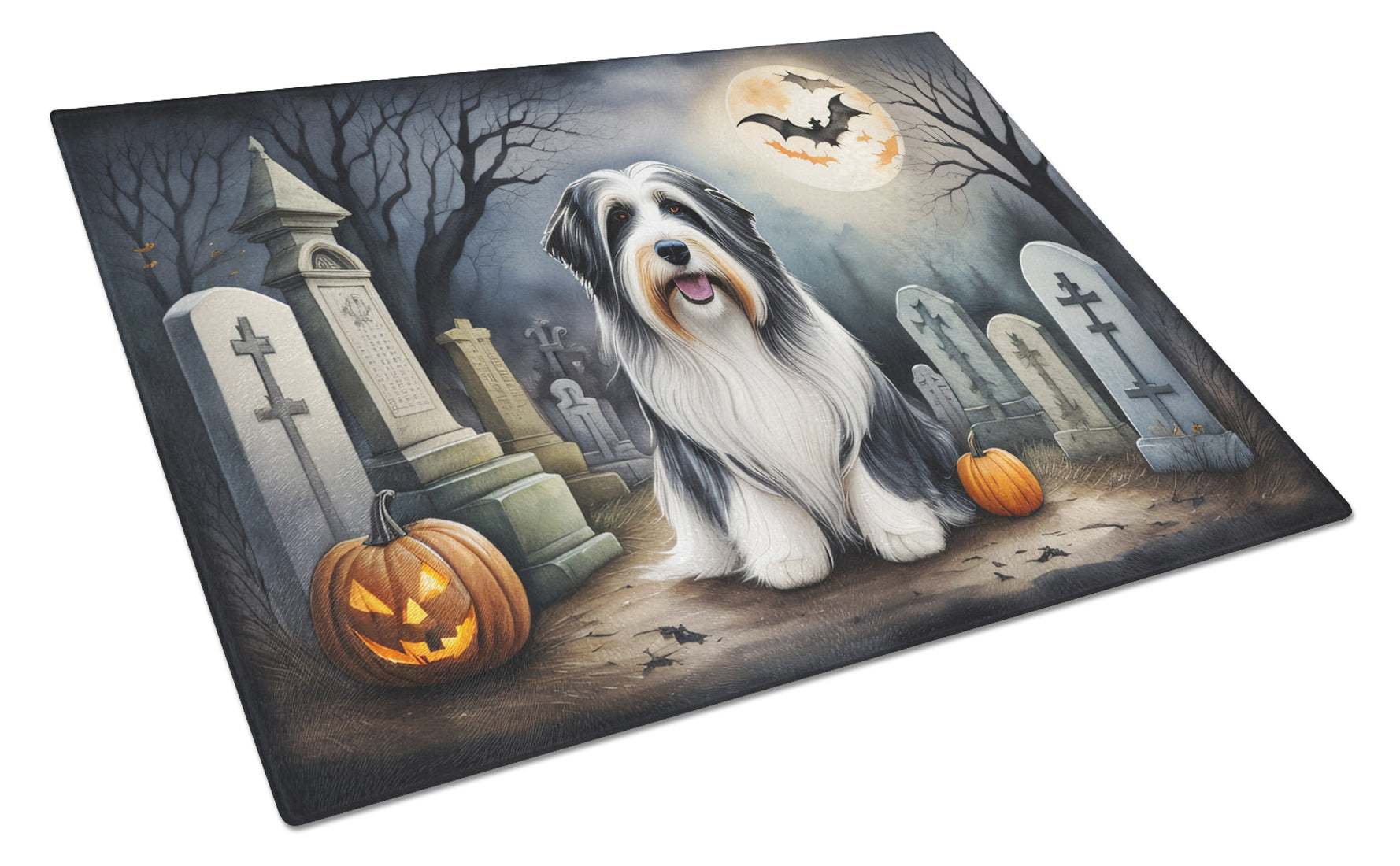 Buy this Bearded Collie Spooky Halloween Glass Cutting Board Large