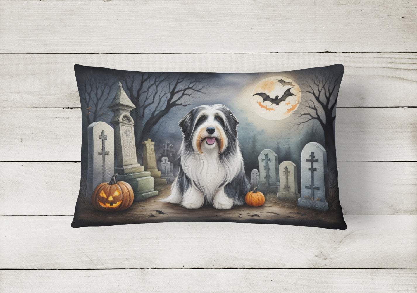 Bearded Collie Spooky Halloween Fabric Decorative Pillow