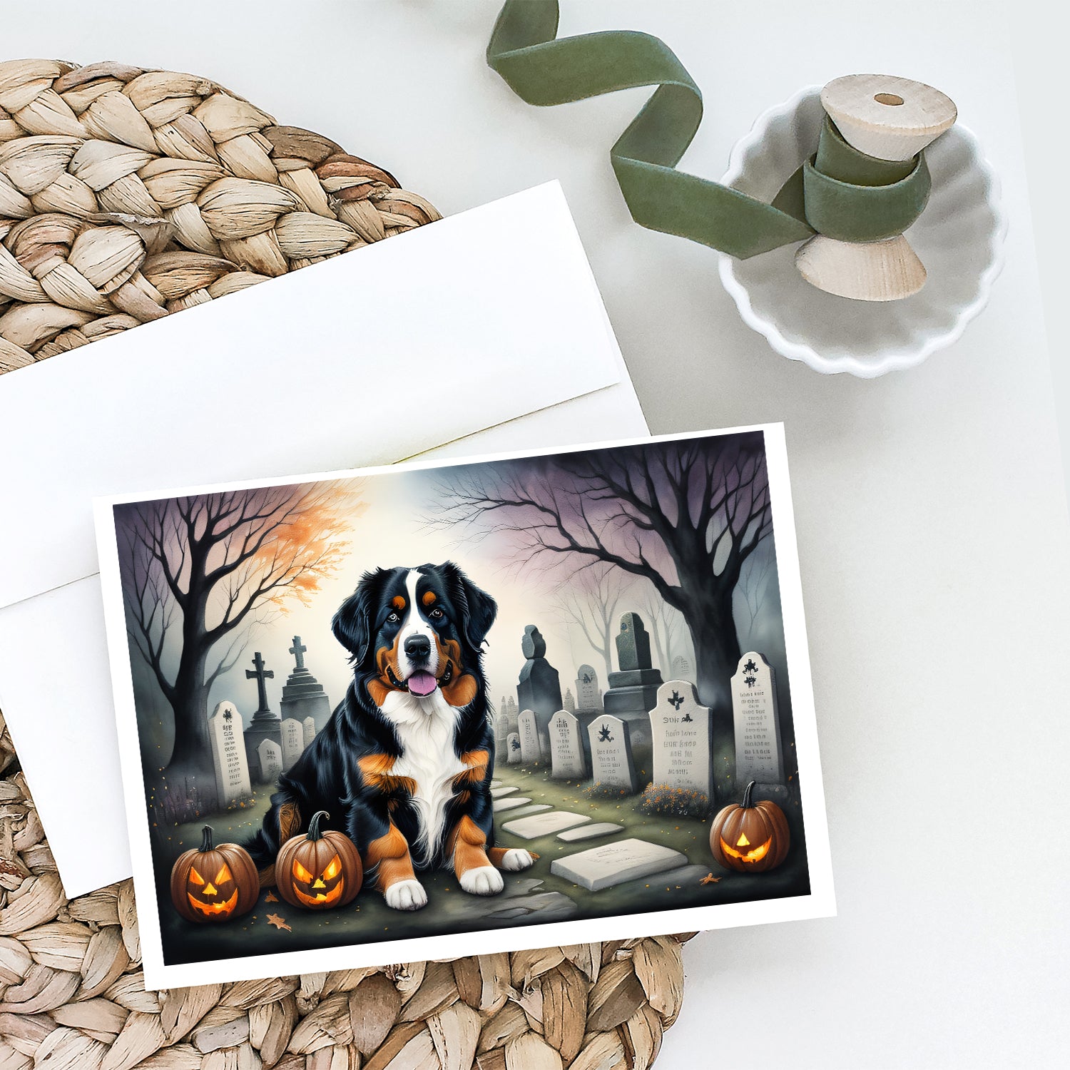 Bernese Mountain Dog Spooky Halloween Greeting Cards and Envelopes Pack of 8