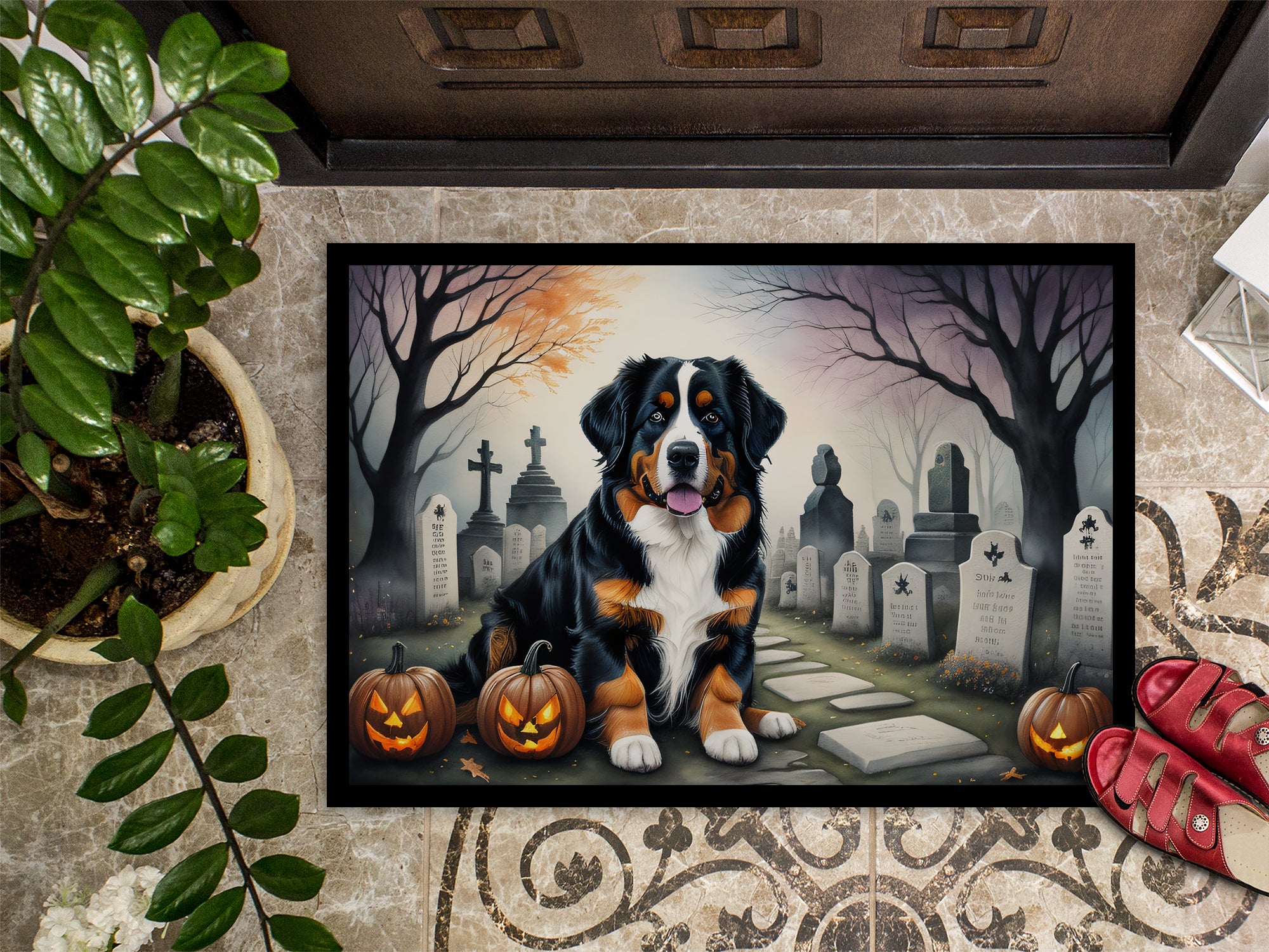 Bernese Mountain Dog Spooky Halloween Indoor or Outdoor Mat 24x36