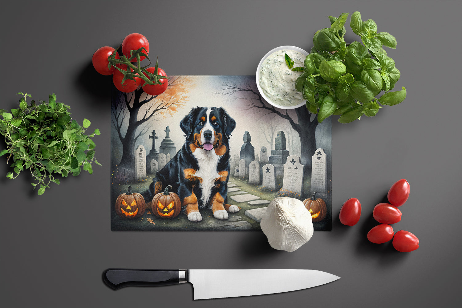 Bernese Mountain Dog Spooky Halloween Glass Cutting Board Large