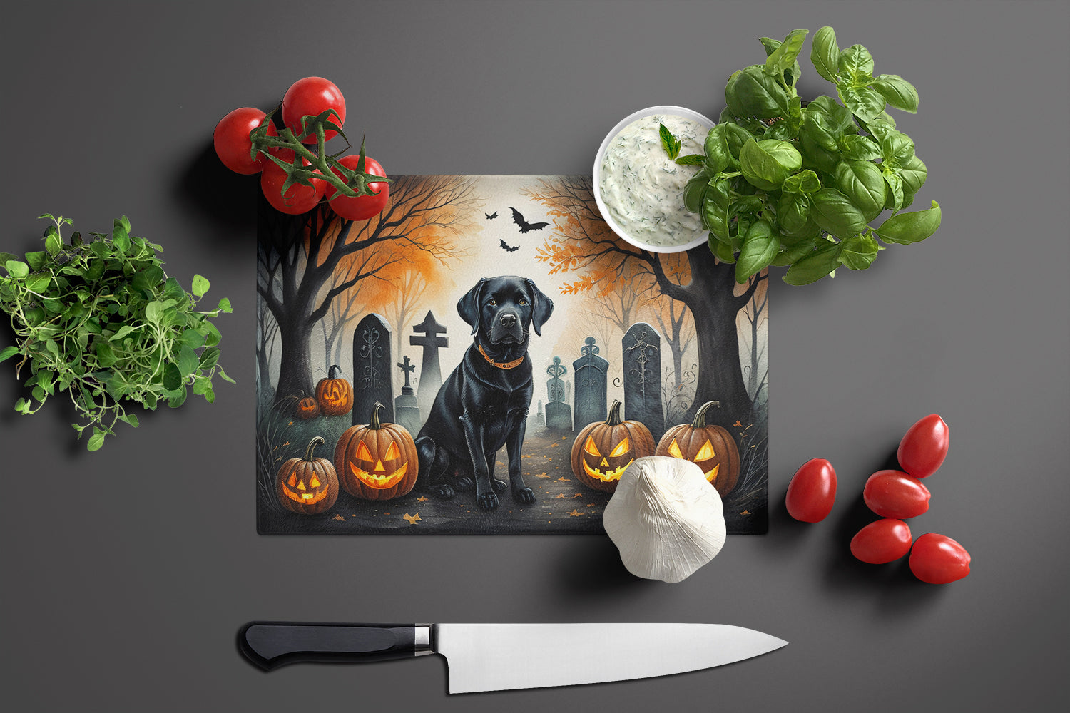 Black Labrador Retriever Spooky Halloween Glass Cutting Board Large