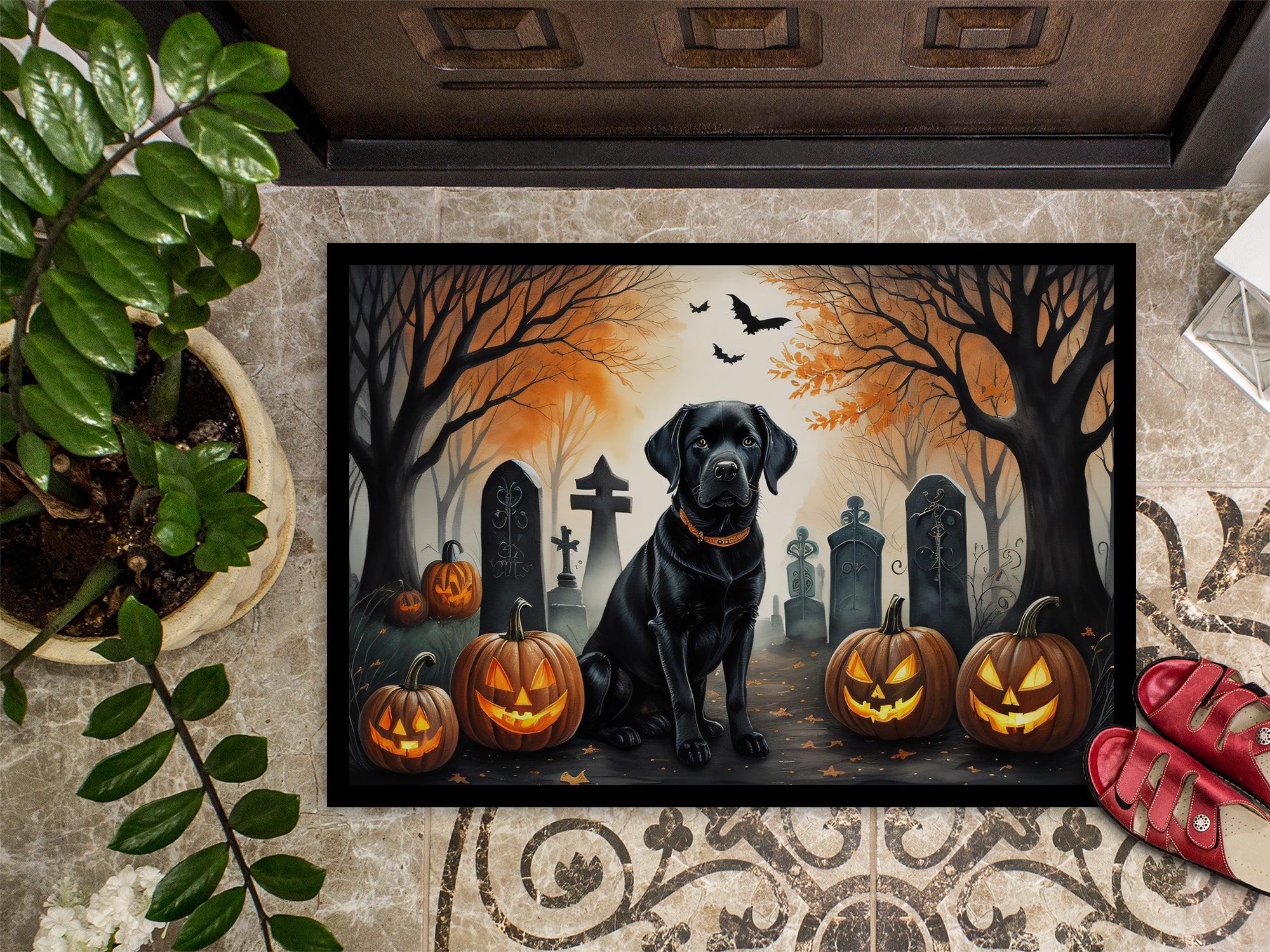 Black Labrador Retriever Spooky Halloween Doormat 18x27