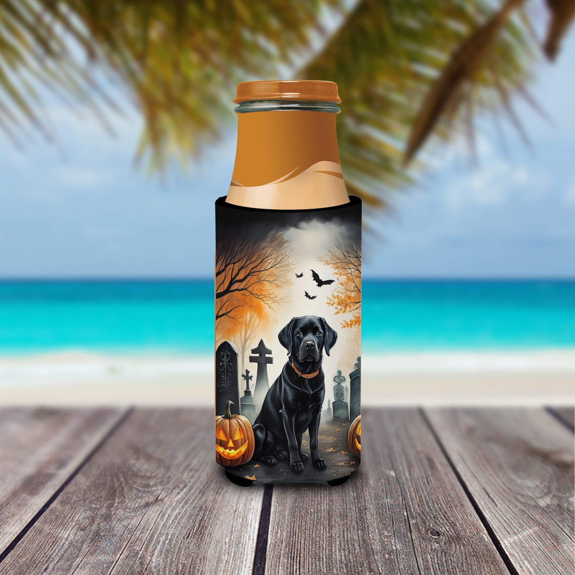 Black Labrador Retriever Spooky Halloween Hugger for Ultra Slim Cans