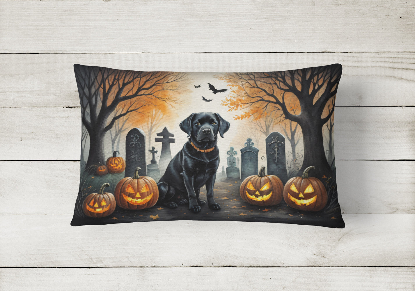 Black Labrador Retriever Spooky Halloween Fabric Decorative Pillow