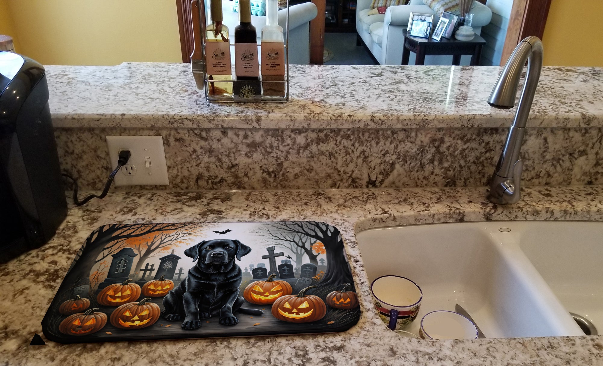 Black Labrador Retriever Spooky Halloween Dish Drying Mat