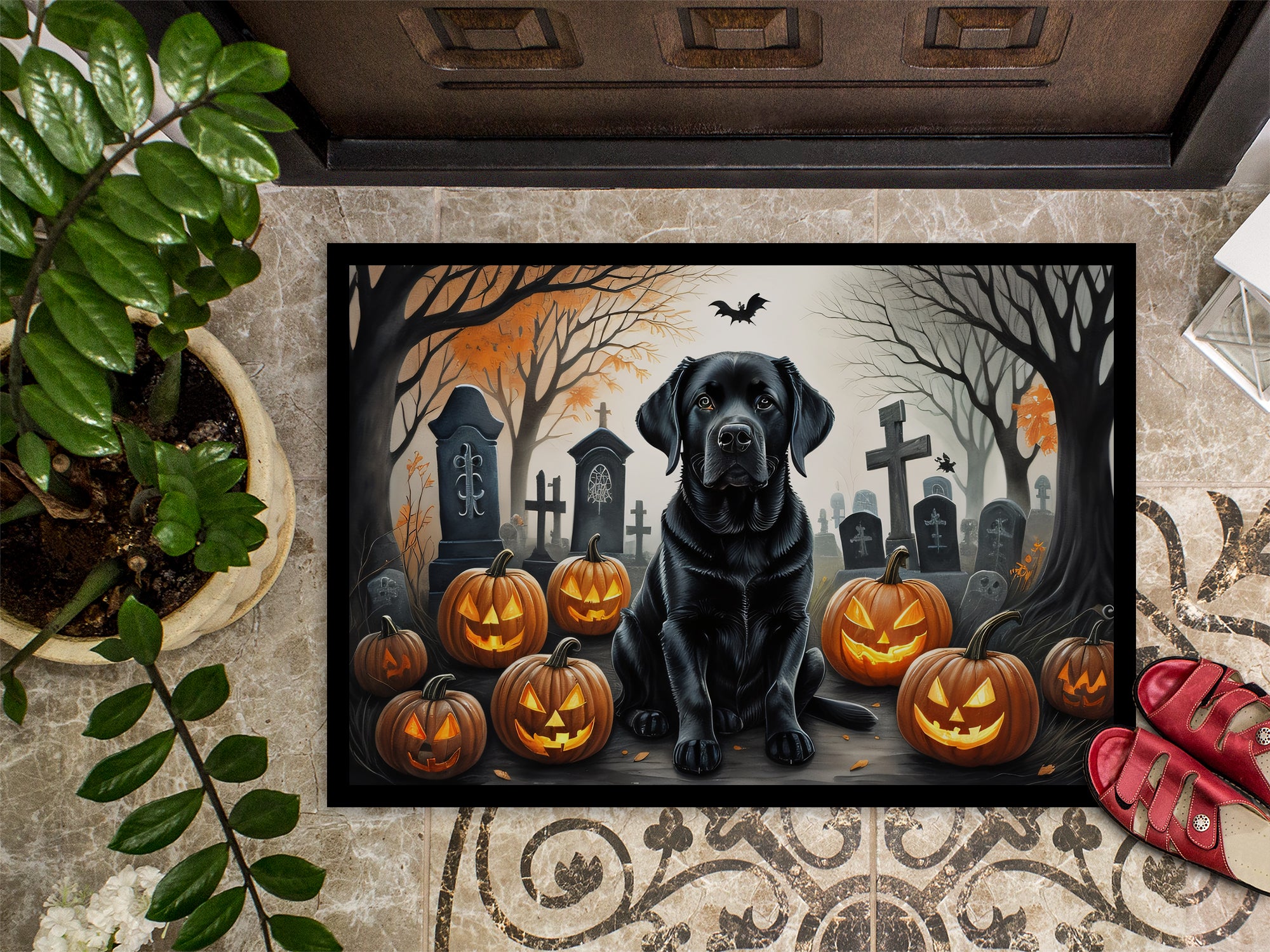 Black Labrador Retriever Spooky Halloween Doormat 18x27