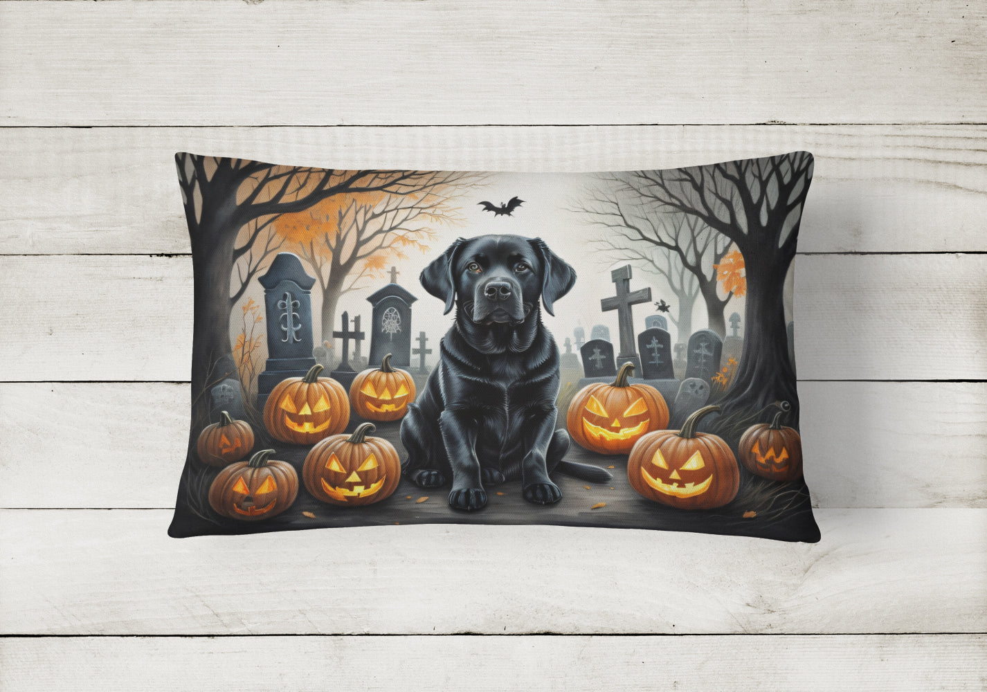 Black Labrador Retriever Spooky Halloween Fabric Decorative Pillow