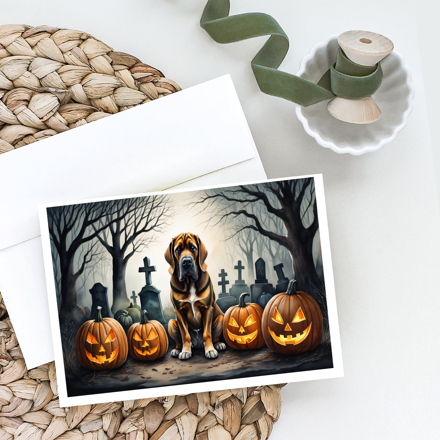 Bloodhound Spooky Halloween Greeting Cards and Envelopes Pack of 8