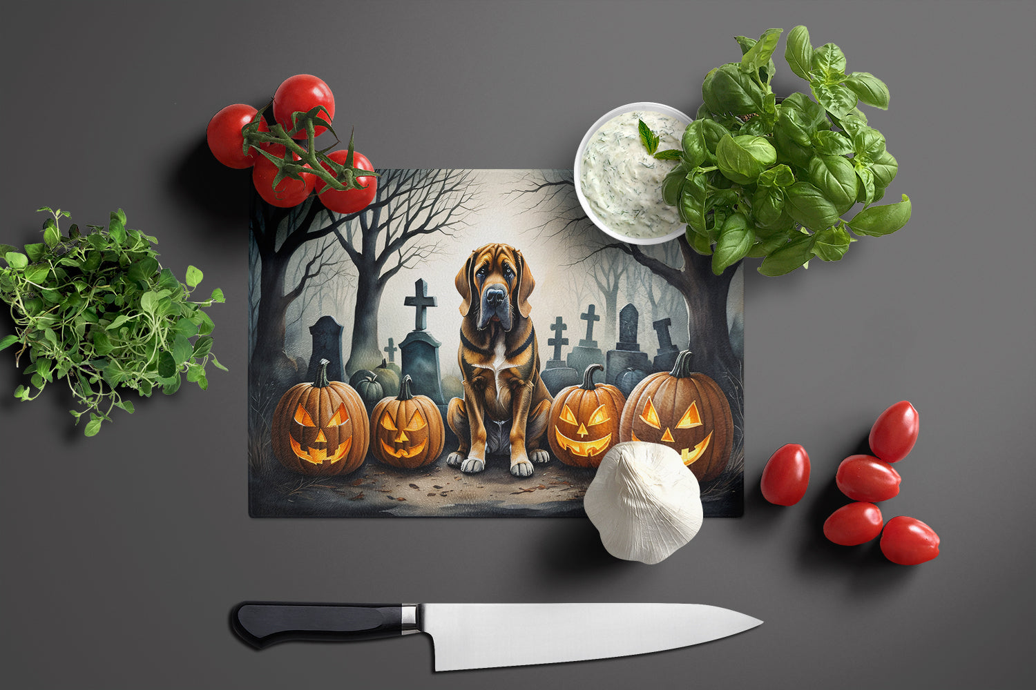 Bloodhound Spooky Halloween Glass Cutting Board Large