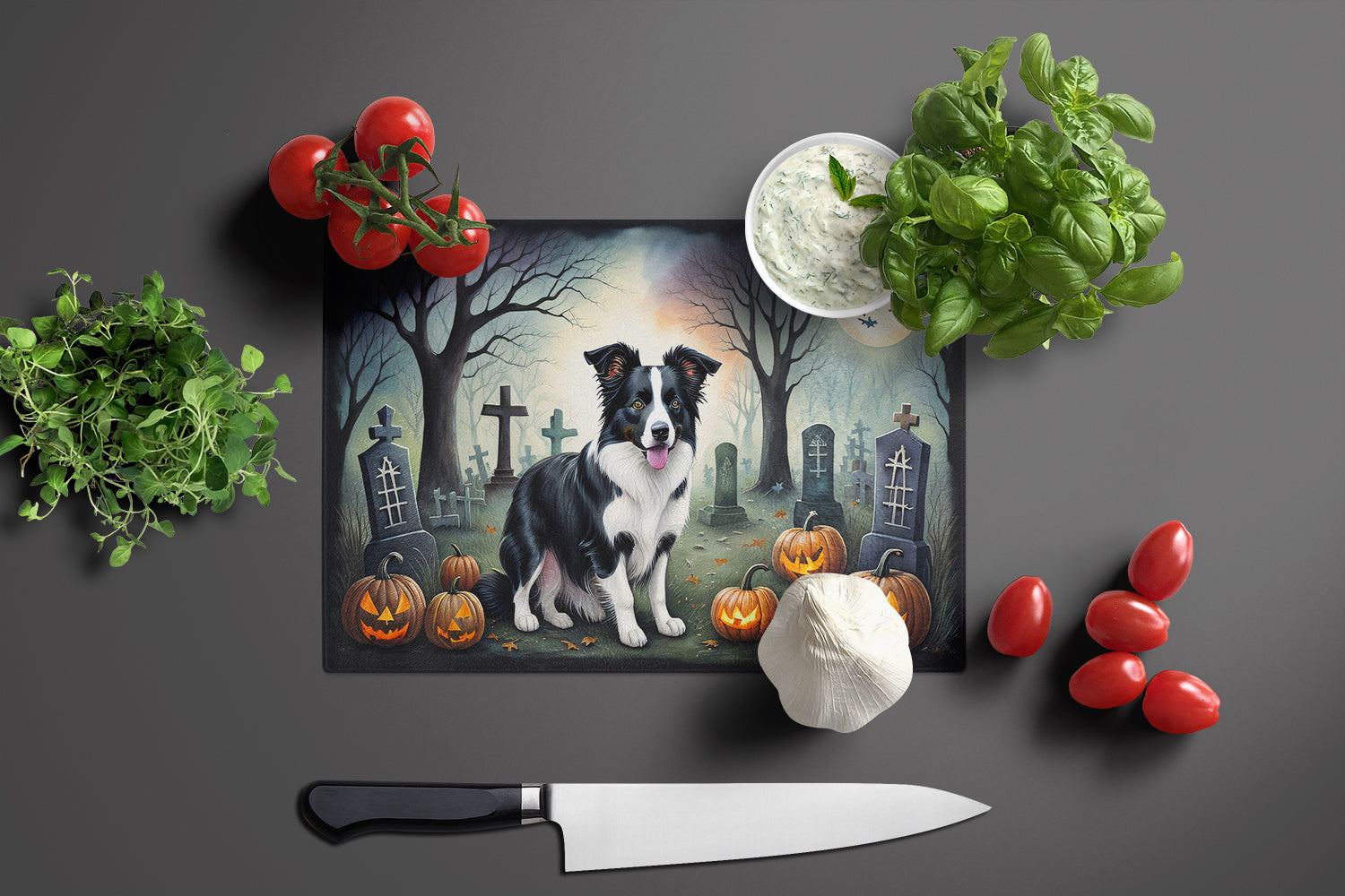 Border Collie Spooky Halloween Glass Cutting Board Large