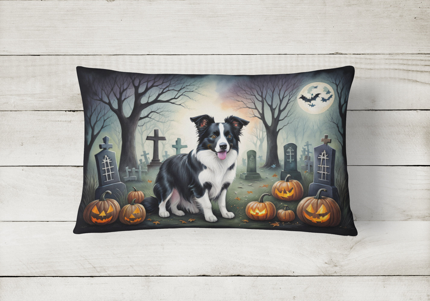 Border Collie Spooky Halloween Fabric Decorative Pillow