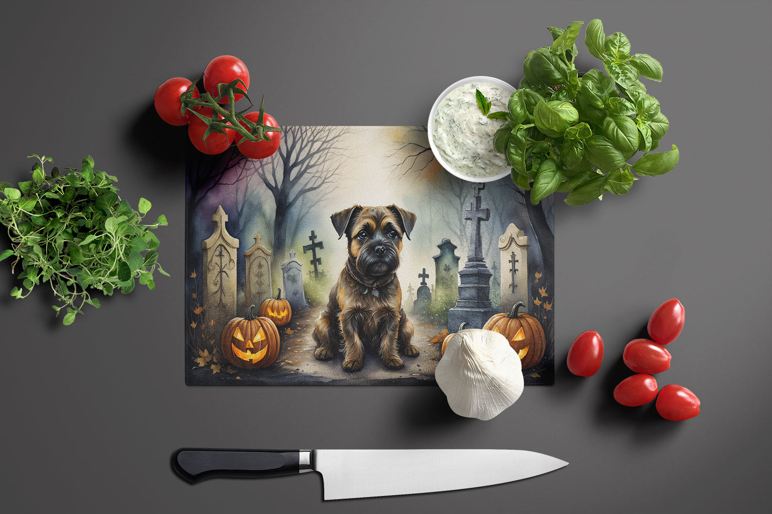 Border Terrier Spooky Halloween Glass Cutting Board Large