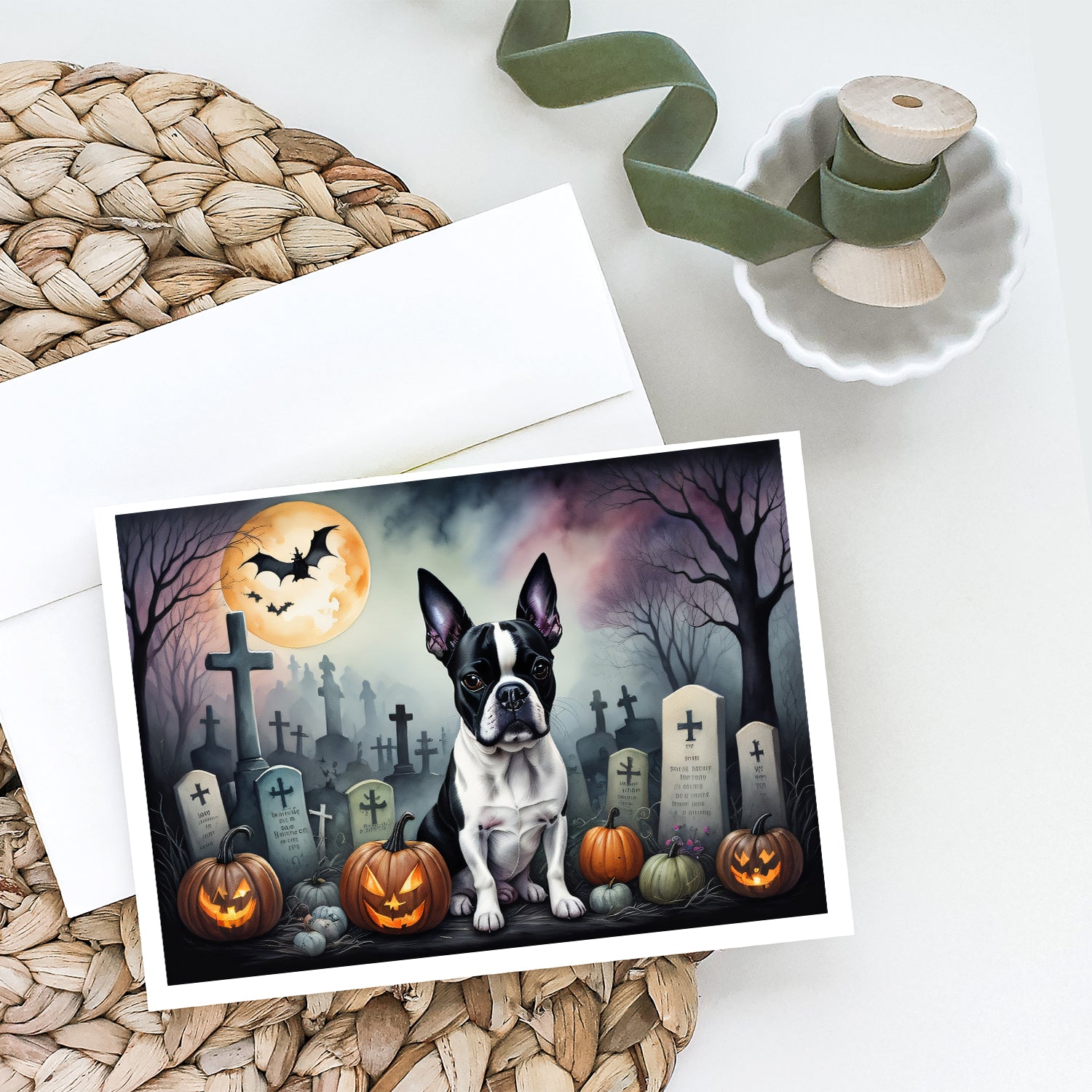 Boston Terrier Spooky Halloween Greeting Cards and Envelopes Pack of 8