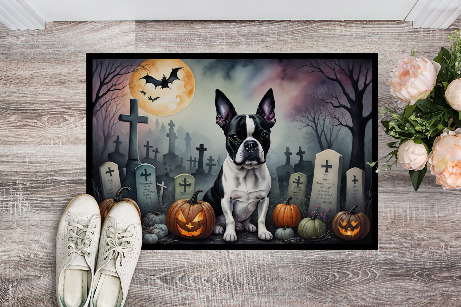 Caroline's Treasures Boston Terrier Spooky Halloween Doormat - 18x27 Decorative Floor Mat – Indoor/Outdoor Rug