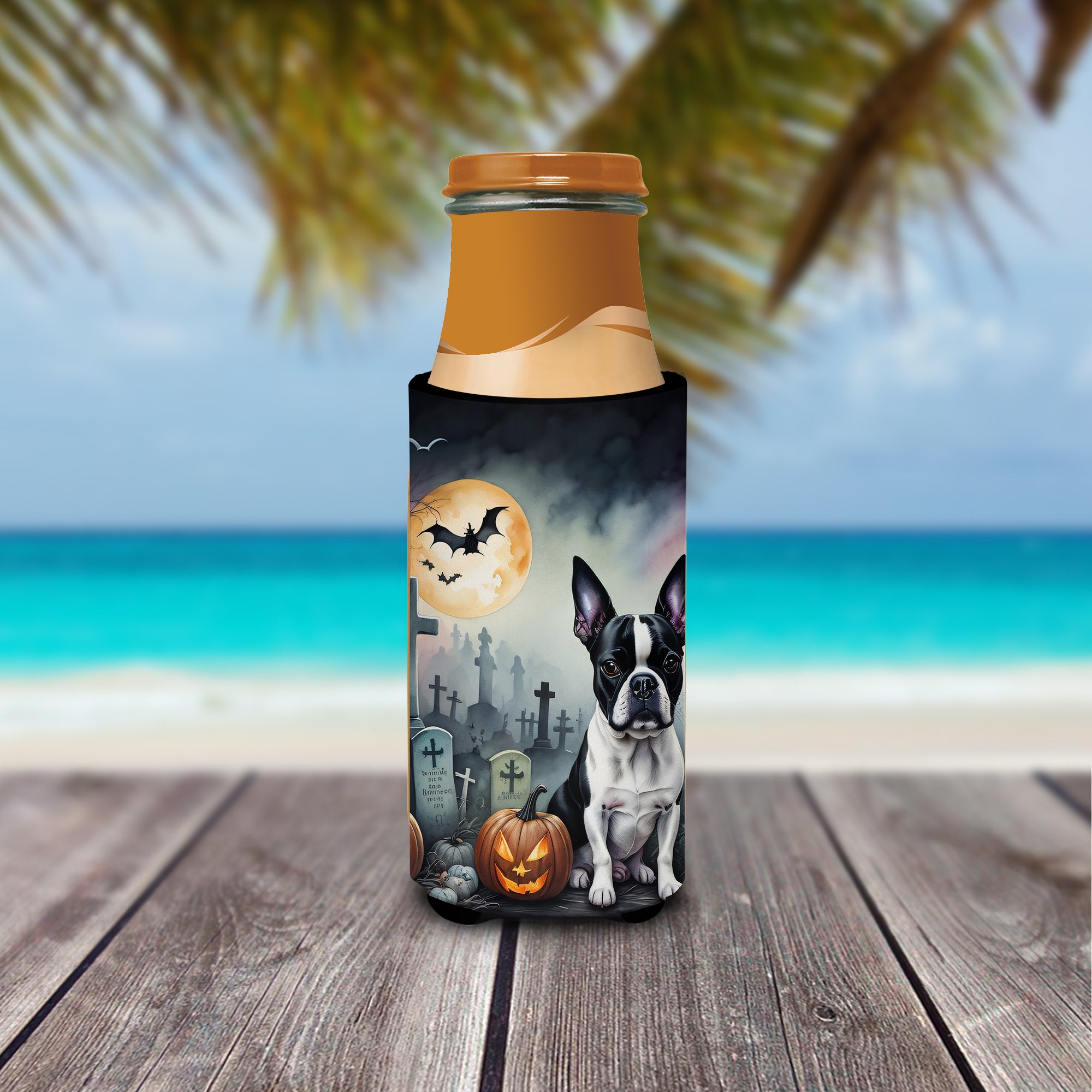 Boston Terrier Spooky Halloween Hugger for Ultra Slim Cans