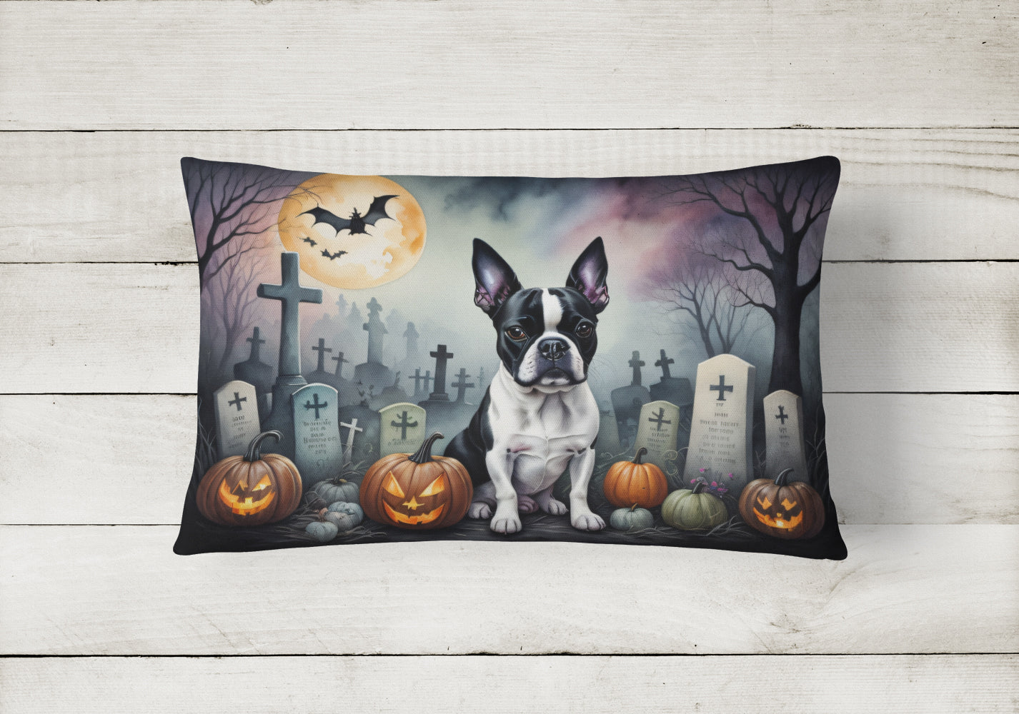 Boston Terrier Spooky Halloween Fabric Decorative Pillow