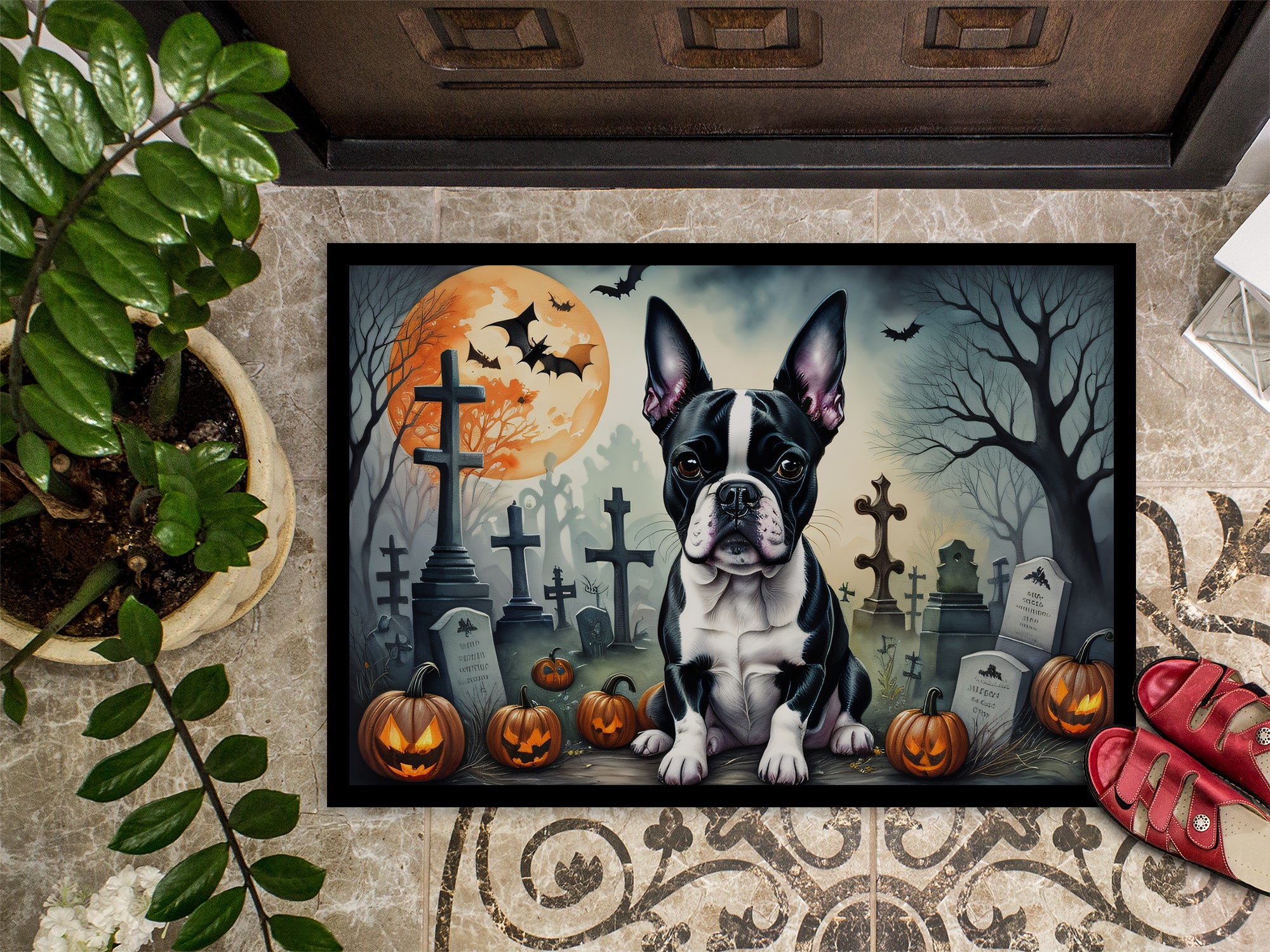 Boston Terrier Spooky Halloween Indoor or Outdoor Mat 24x36